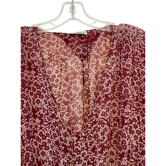 Ulla Johnson Samira Drop Waist Size 2‎ Silk Bordeaux Red Floral Sheer Smocked - Picture 4 of 6